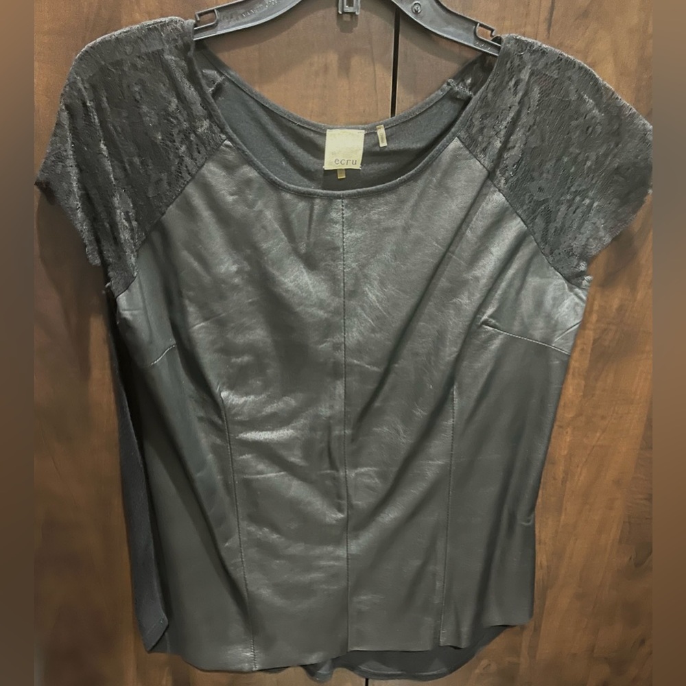 ECRU Black Leather & Lace Tee